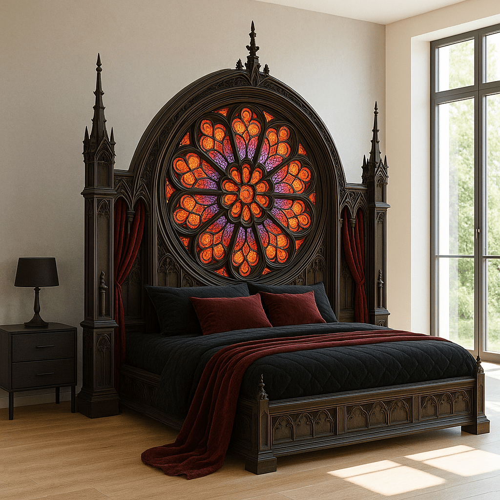 Black Gothic Revival bed with large illuminated rose window-style headboard and red velvet bedding.