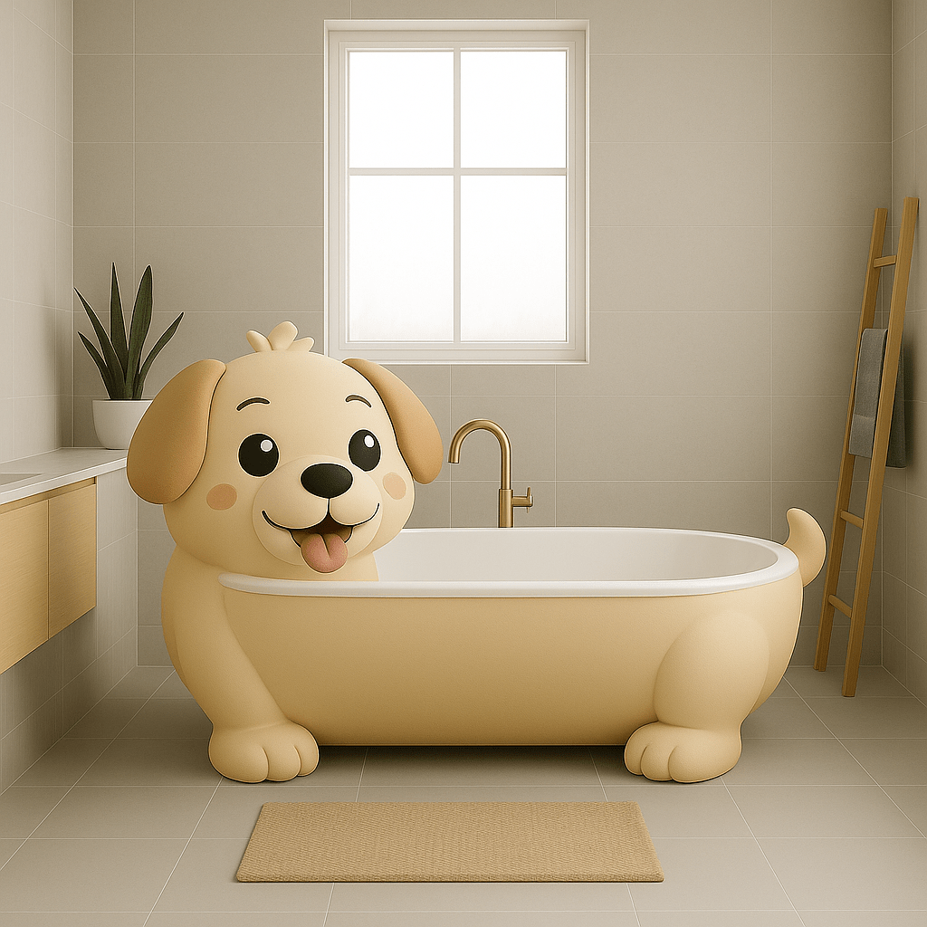 Cream and beige puppy-shaped bathtub with gold tap in minimalist family bathroom with soft daylight.