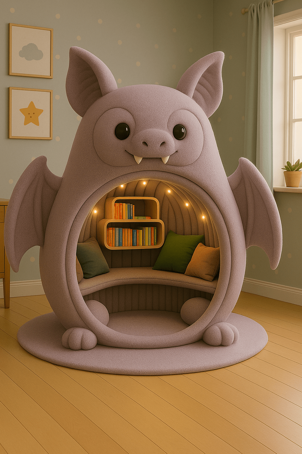 Lilac reading nook with soft padded interior, built-in bookshelf, and glowing fairy lights.