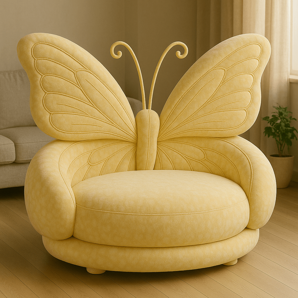 Yellow butterfly sofa with large sculpted wings and round base in a cosy living room