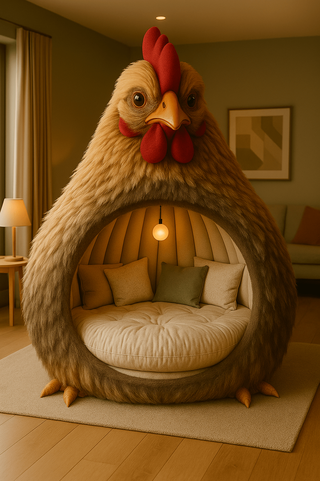 Oversized brown and beige chicken-shaped armchair with soft lighting and green cushions in a modern home.