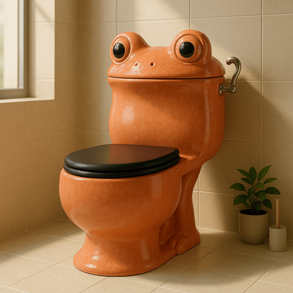 Orange frog-shaped toilet with black seat and natural daylight reflections