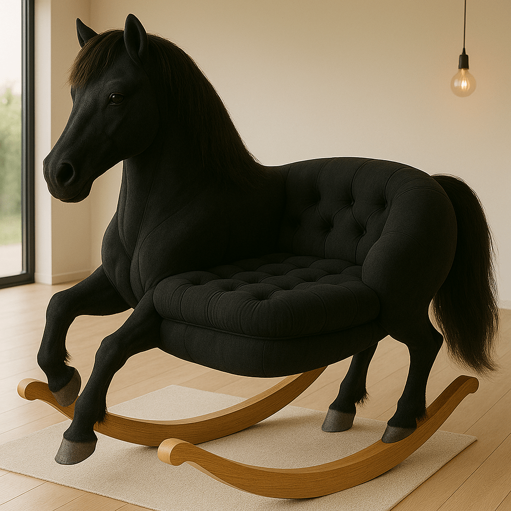 Elegant black horse-shaped rocking sofa with tufted cushions and dark wooden rocker design.