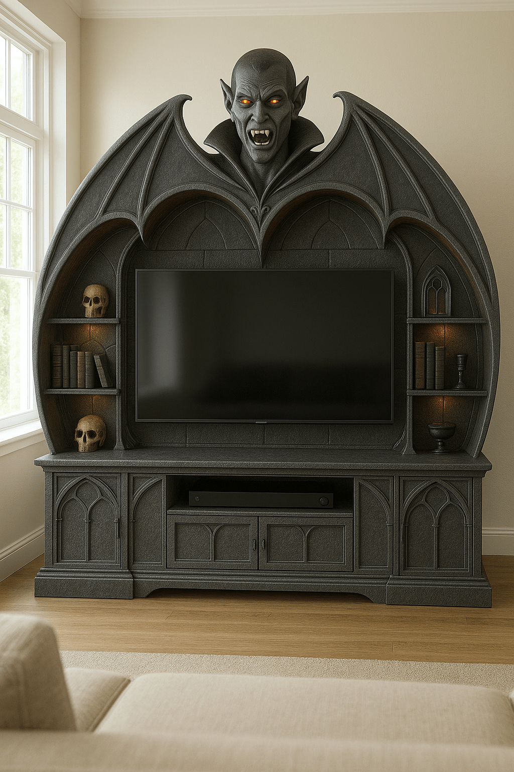 Dark grey gothic vampire TV stand with vampire bust, bat wings, skulls, and gothic bookshelves.