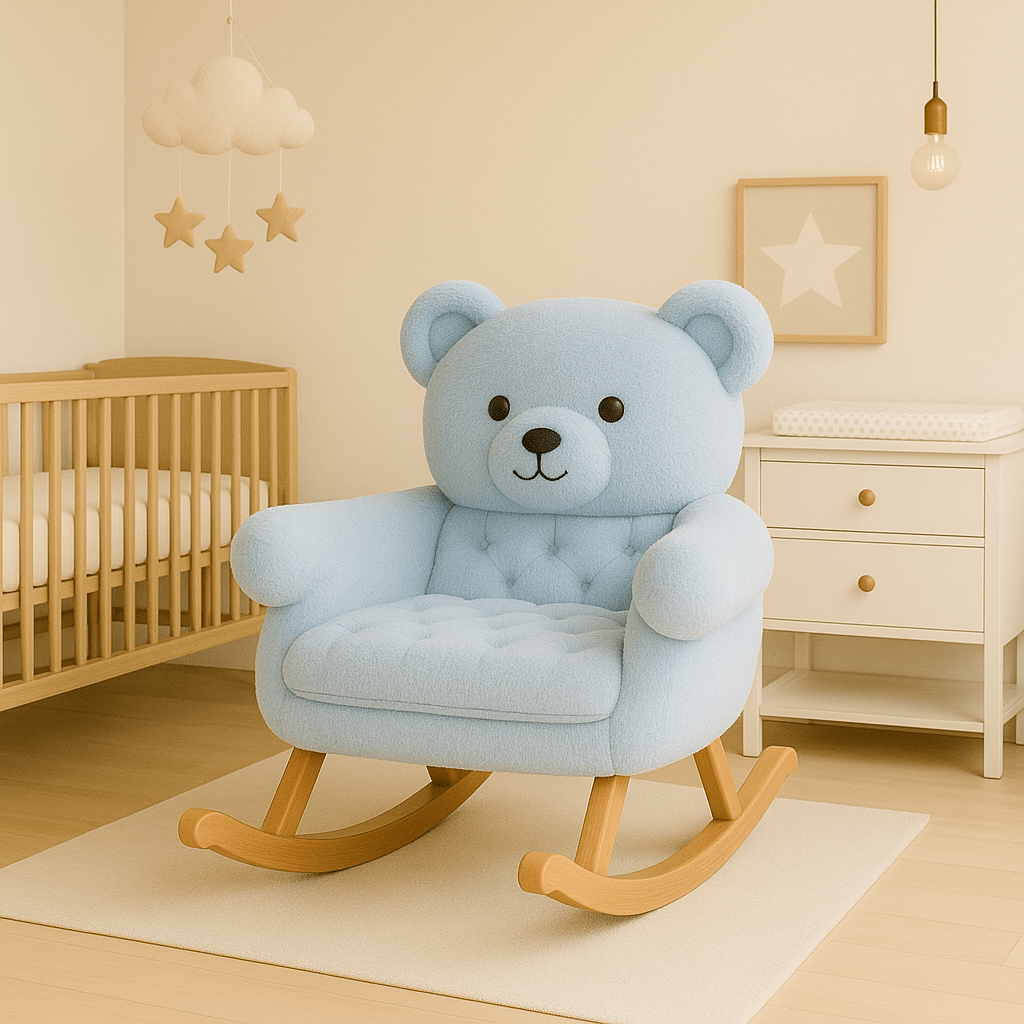 Light blue teddy bear rocking chair with soft faux fur upholstery beside a wooden cot