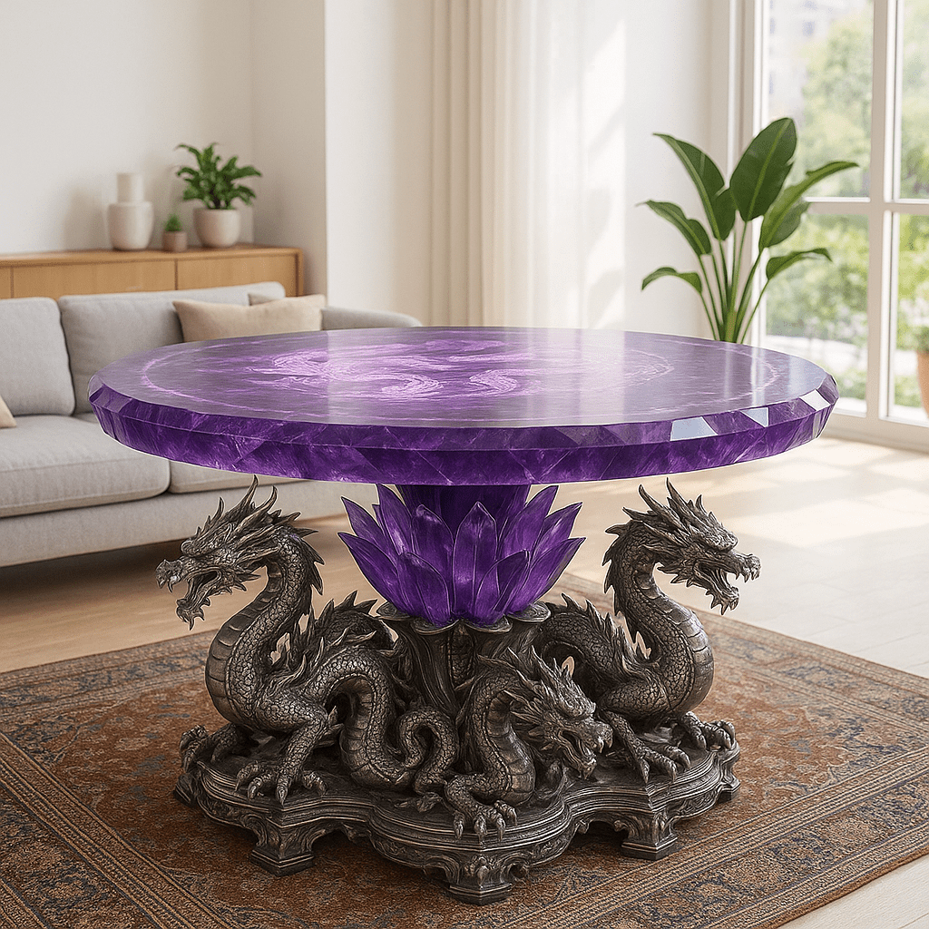 Purple dragon table with metallic dragon base and polished amethyst-style surface in bright modern setting