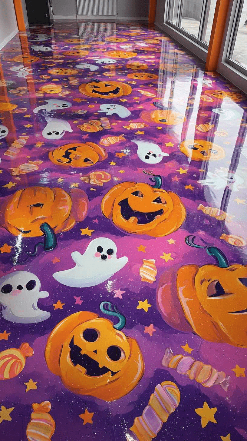 Vibrant epoxy floor with pumpkins, ghosts, and sweets on a purple background