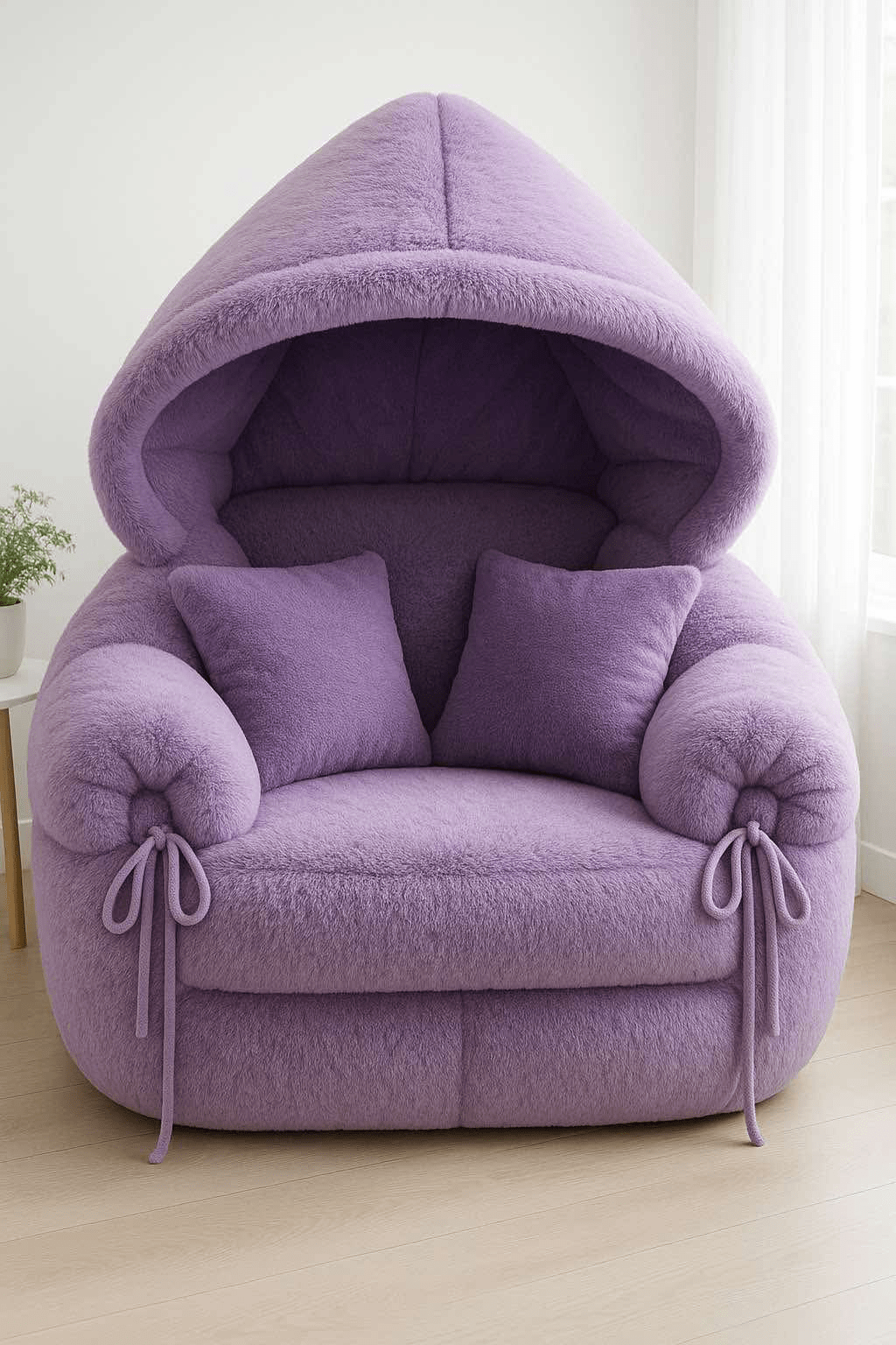 Soft lavender hooded armchair with cushions and bow details in a bright space.