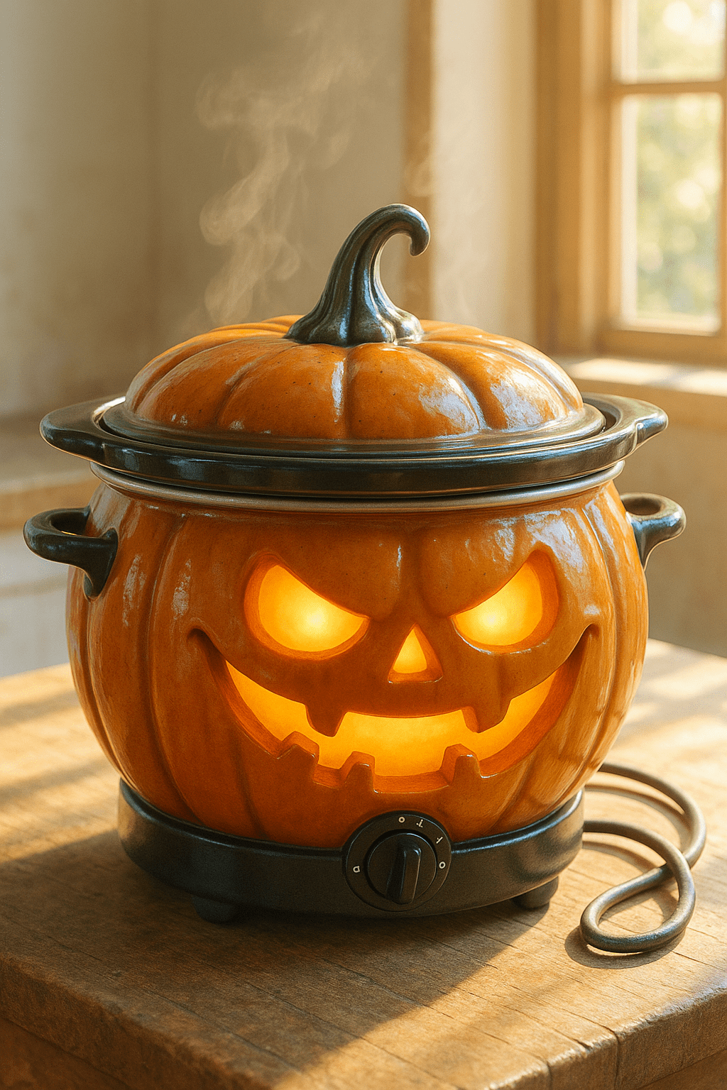 An orange pumpkin-shaped slow cooker with a carved smiling face and glowing eyes, emitting steam in warm daylight.