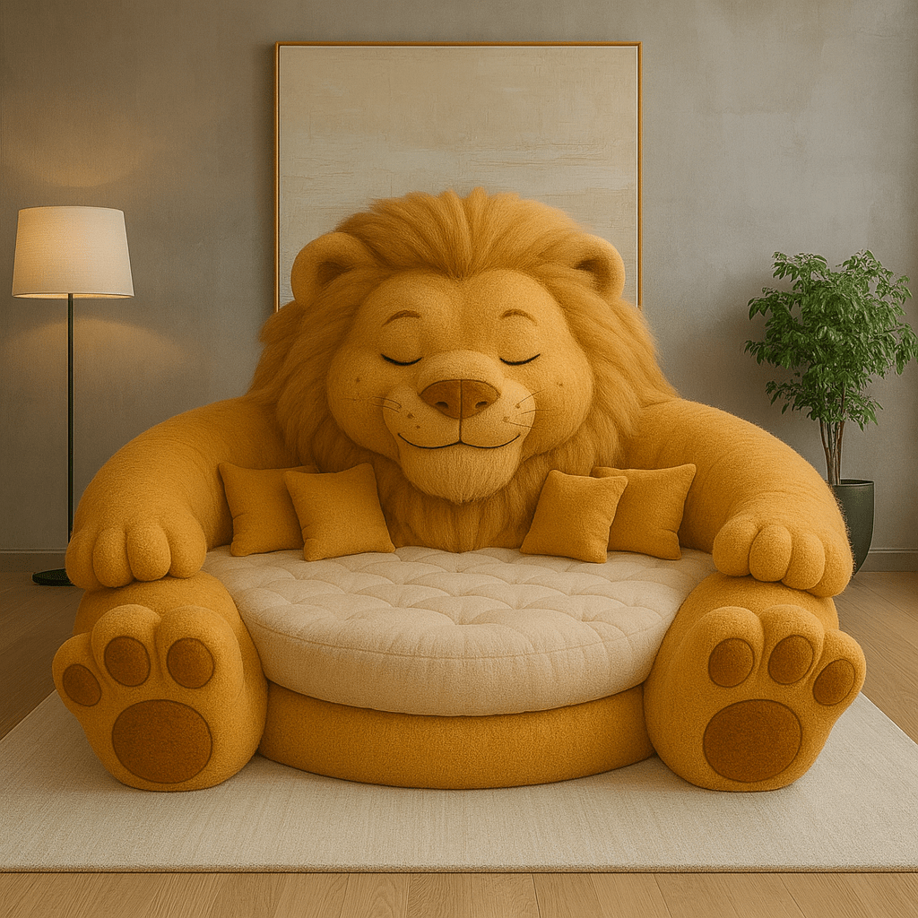 Cheerful yellow lion-shaped sofa with tufted seating and golden tones, surrounded by warm neutral décor.