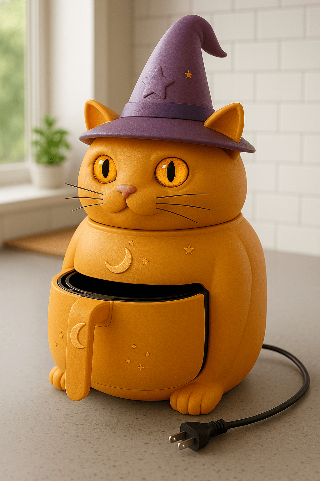 A bright orange cat-shaped air fryer with a purple witch’s hat and golden moon designs.
