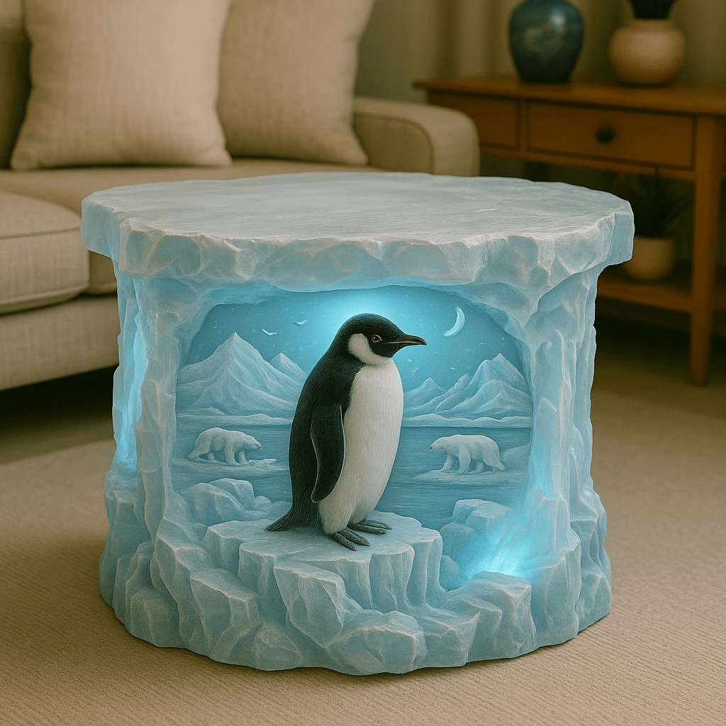 Penguin-themed coffee table depicting a regal emperor penguin standing in an Arctic landscape with glowing ice detailing.