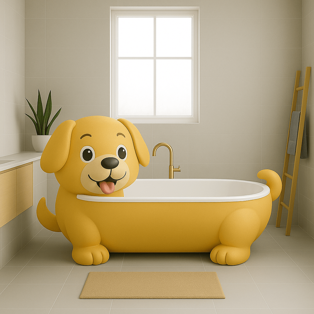 Cheerful yellow puppy-shaped bathtub in modern beige-tiled bathroom with window light and wooden accents.
