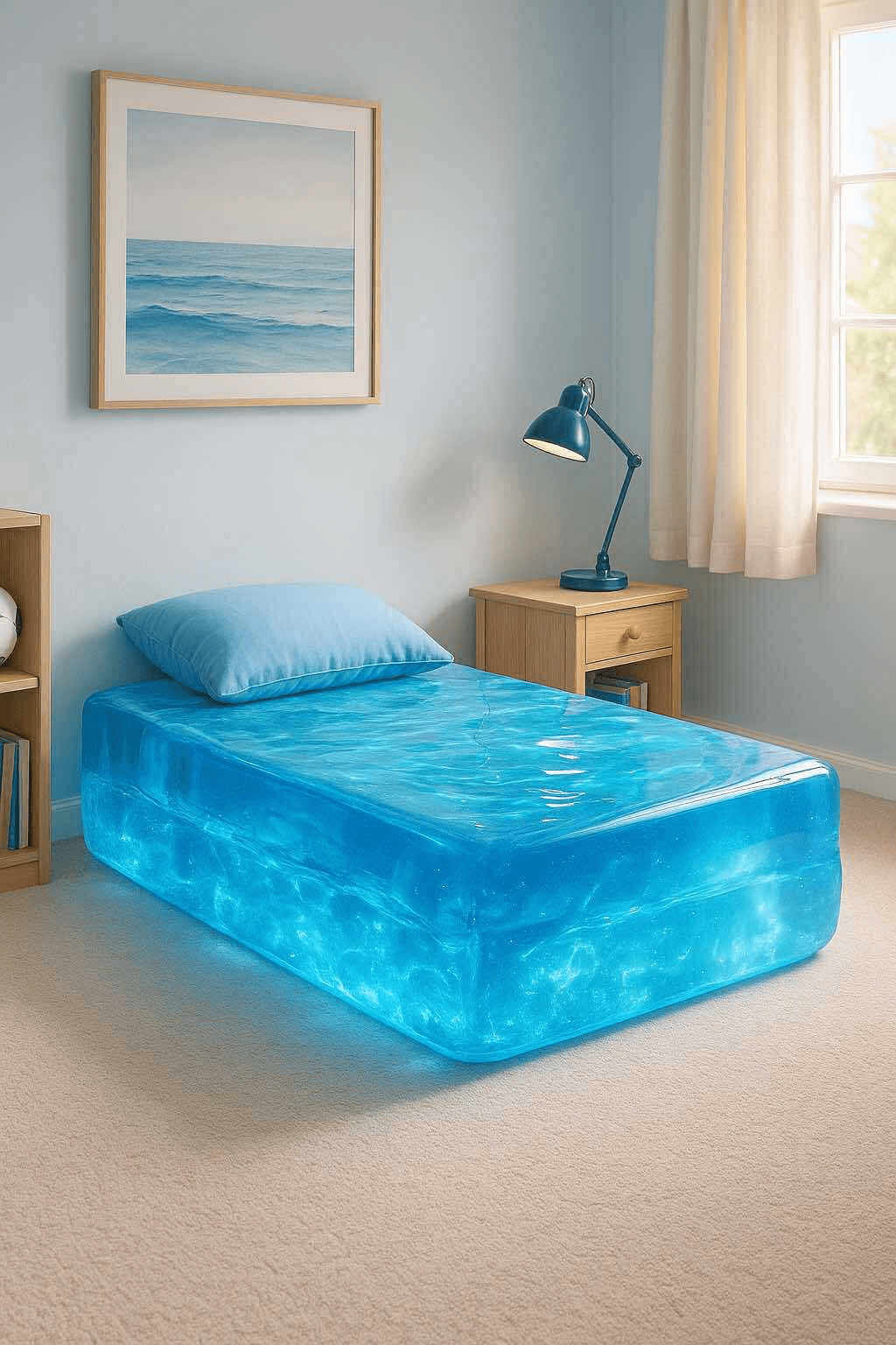 Bright blue jelly bed in a beach-themed bedroom with ocean artwork and wooden furniture.