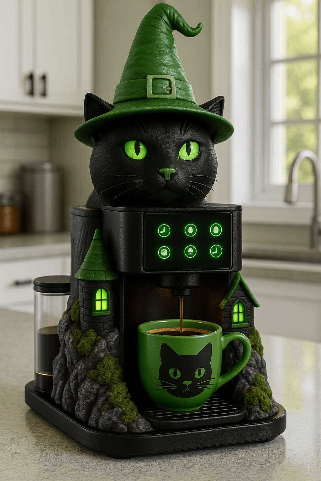 Green-themed enchanted coffee machine with glowing eyes and moss-textured stone design.