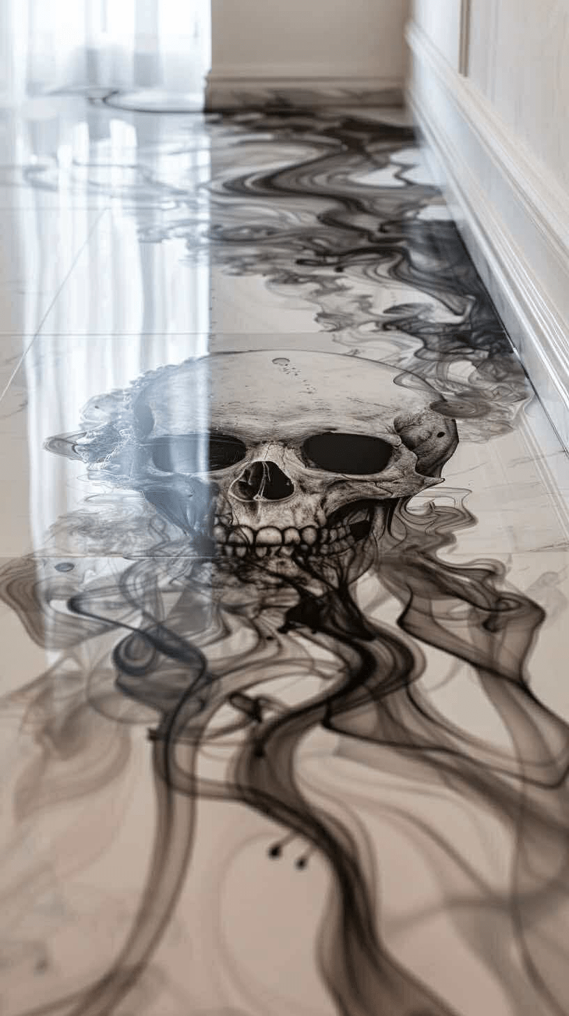 Black and white smoky skull epoxy floor with artistic smoke patterns in a modern hallway