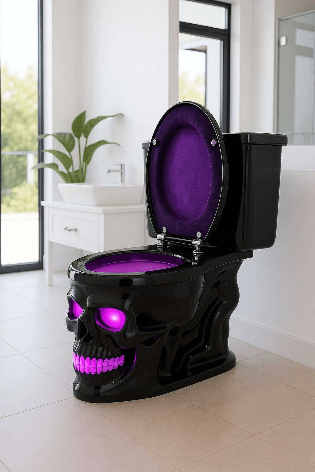 A gothic black skull toilet illuminated with purple LED lighting in a bright bathroom setting.