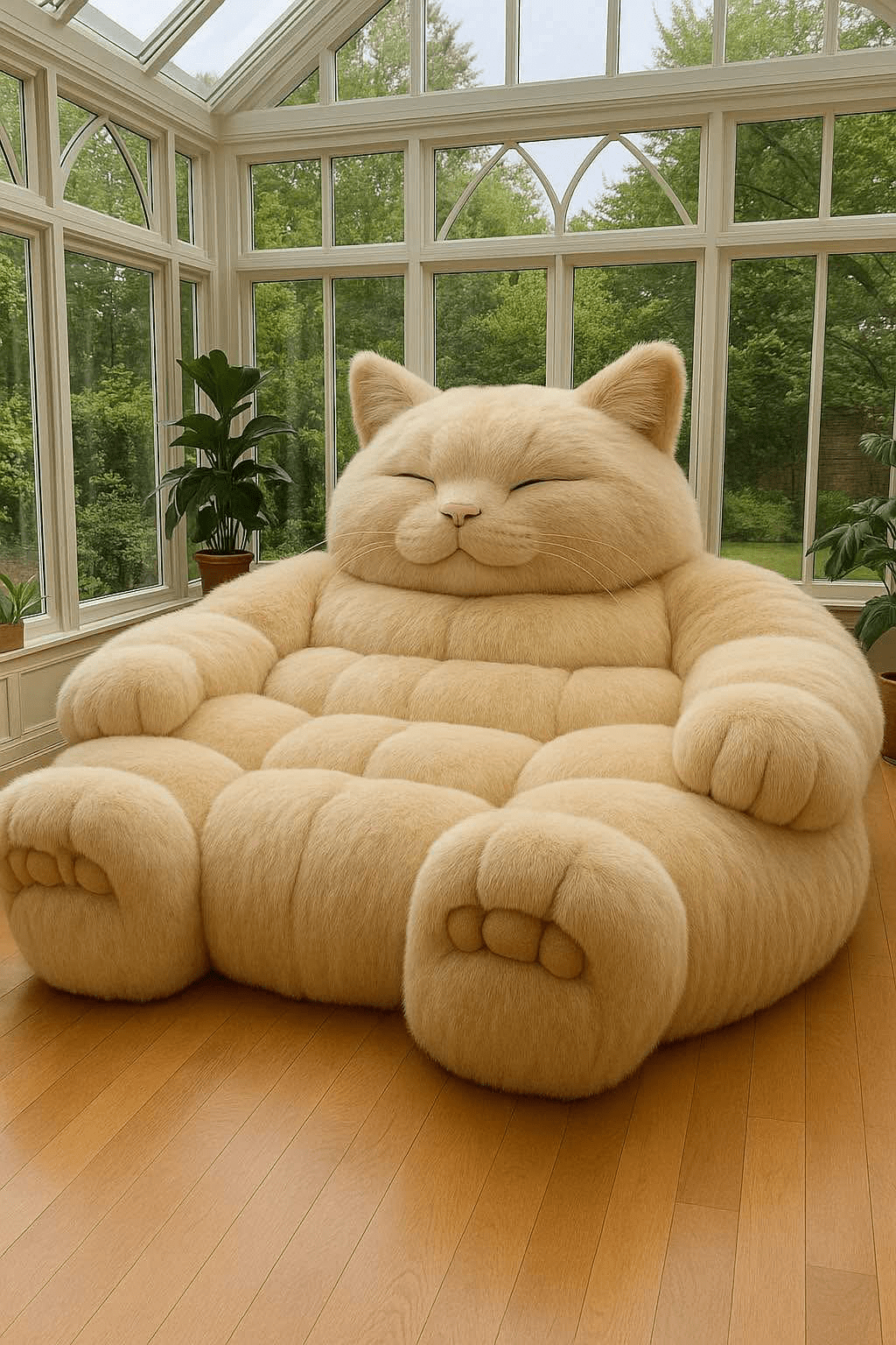 Oversized cream cat-shaped sofa in a bright conservatory with large windows and wooden flooring.