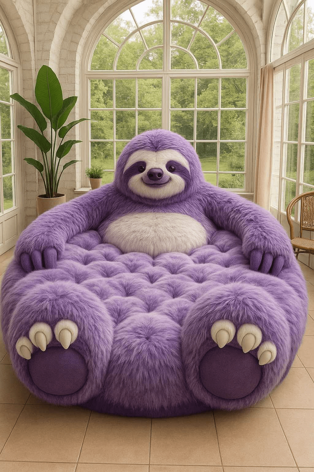 Oversized purple sloth-shaped chair with tufted seating placed in a glass conservatory with greenery outside.
