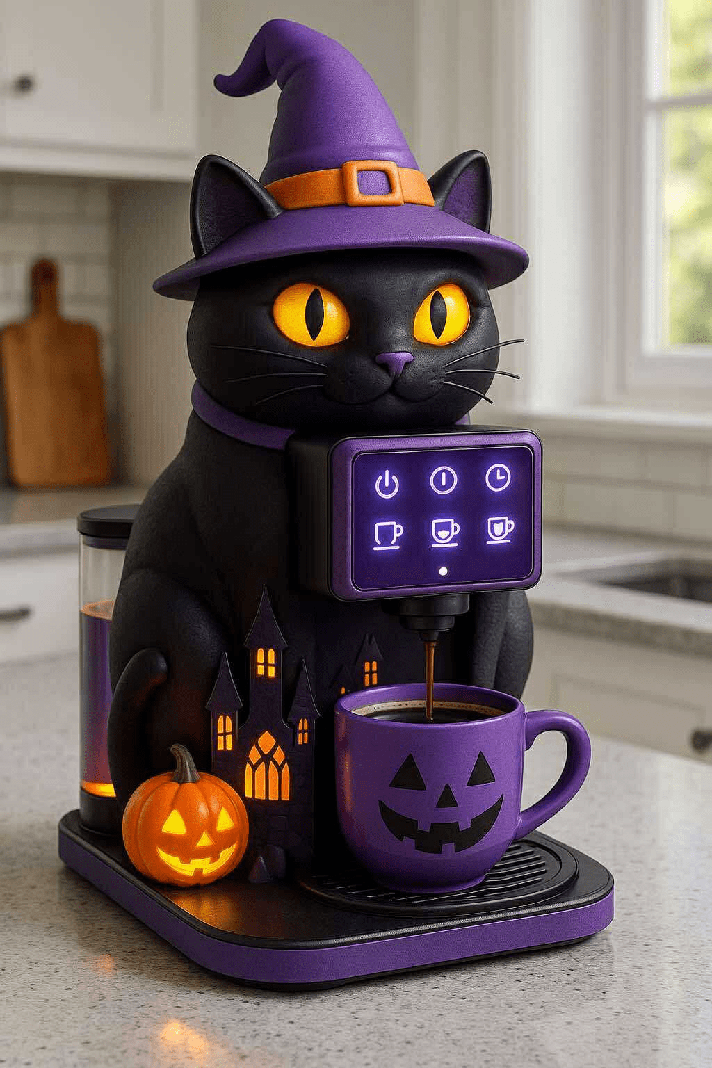 Halloween-style coffee machine shaped like a black cat with glowing orange eyes and a pumpkin mug.