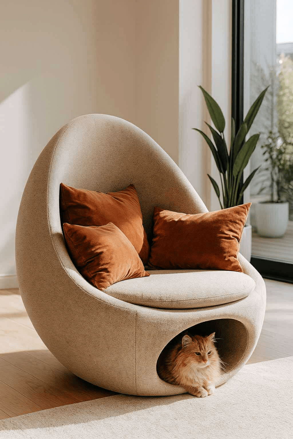 Beige pod chair with orange cushions and cat relaxing in lower nook