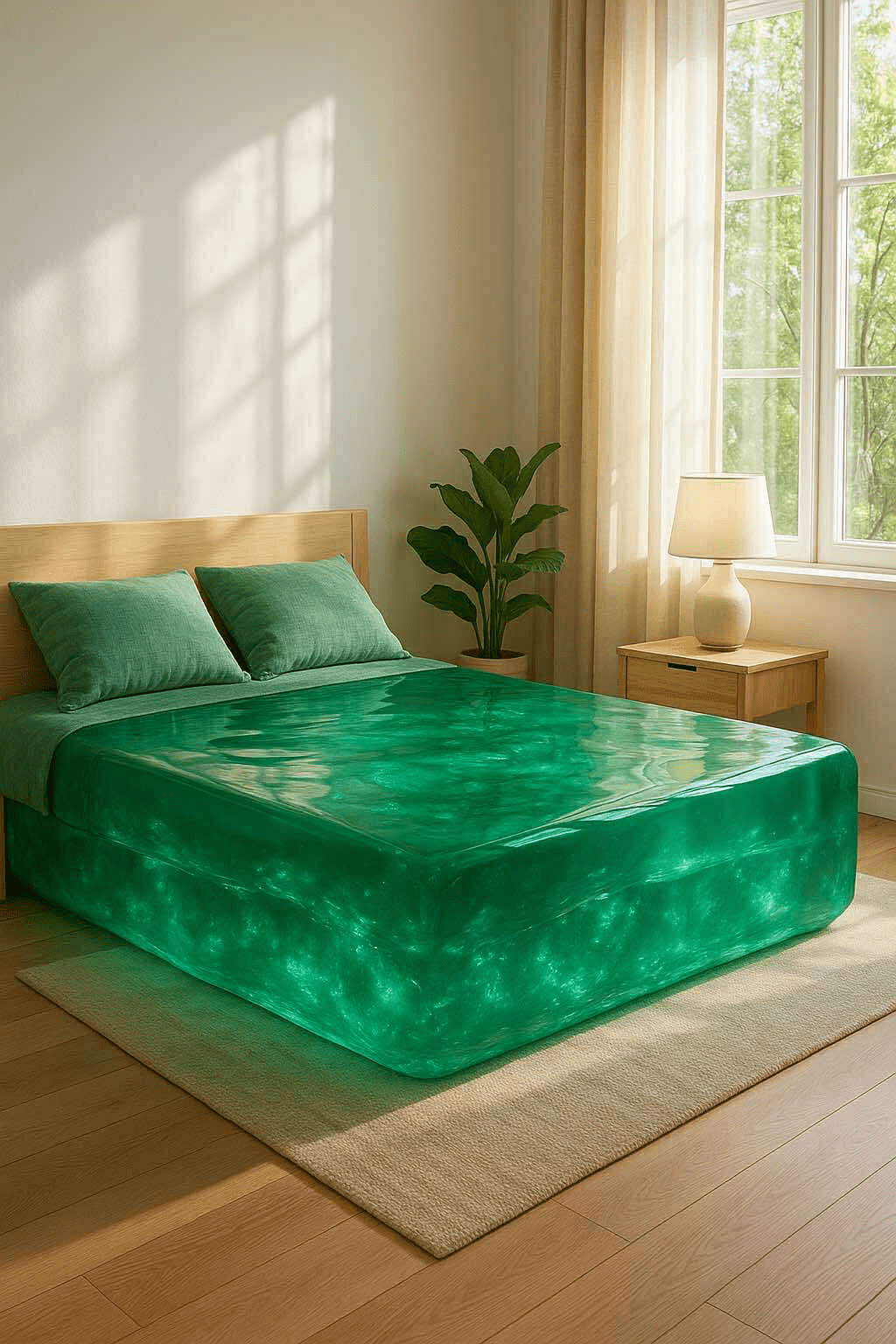 A glowing emerald green jelly bed with green bedding in a modern, naturally lit bedroom.