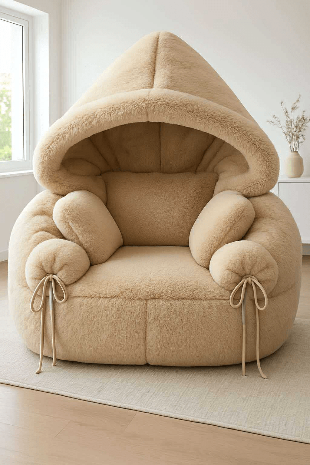 Plush beige hooded armchair with ribbon details in a bright living room.