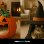 Cosy Halloween cat beds in haunted house, witch hat, pumpkin, and ghost designs placed in a festive living room.