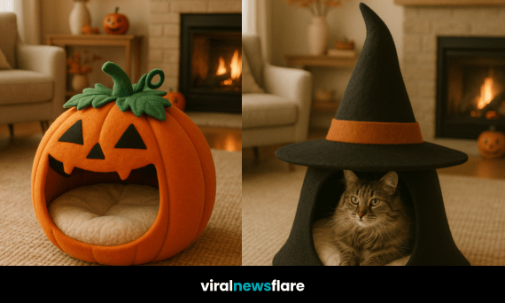 Cosy Halloween cat beds in haunted house, witch hat, pumpkin, and ghost designs placed in a festive living room.