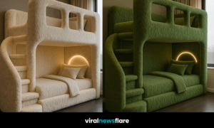 Upholstered novelty bunk bed with soft curved design, staircase, and glowing light feature