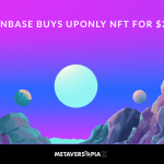Digital artwork featuring a futuristic landscape with floating planets and mountains under a purple-blue sky, highlighting the headline “Coinbase Buys UpOnly NFT for $25M.