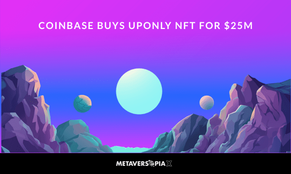 Digital artwork featuring a futuristic landscape with floating planets and mountains under a purple-blue sky, highlighting the headline “Coinbase Buys UpOnly NFT for $25M.