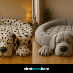 Collection of oversized dog-shaped beds in cream, Dalmatian, golden, and Beagle designs displayed in a warm modern home