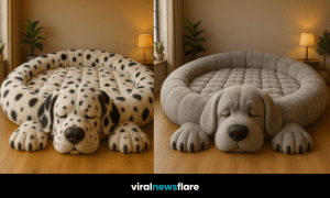 Collection of oversized dog-shaped beds in cream, Dalmatian, golden, and Beagle designs displayed in a warm modern home