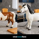 A collection of colourful horse-shaped toasters in white, brown, black, and red displayed in a stylish kitchen.