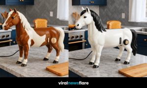 A collection of colourful horse-shaped toasters in white, brown, black, and red displayed in a stylish kitchen.
