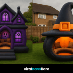 Collection of themed inflatable Halloween lounges in pumpkin, ghost, witch hat, and haunted house shapes in a suburban garden setting