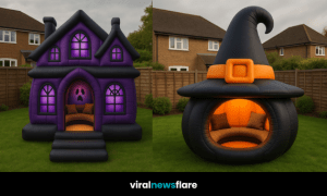 Collection of themed inflatable Halloween lounges in pumpkin, ghost, witch hat, and haunted house shapes in a suburban garden setting