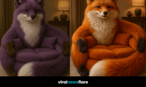 A cosy orange fox-shaped armchair with realistic fur and plush cushions in a warm living room.