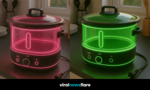 A set of futuristic LED slow cookers in multiple glowing colours displayed on a kitchen counter.