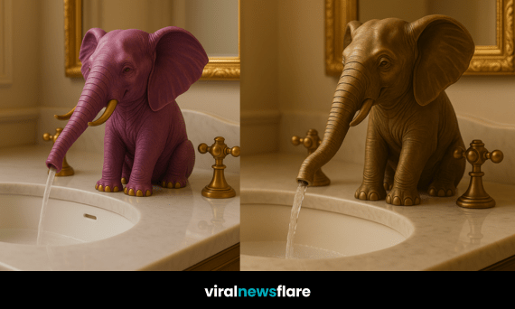 A luxurious bathroom featuring a pink elephant-shaped faucet with water flowing from its trunk into a marble basin.