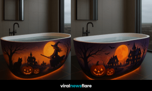 Collection of luxury Halloween-themed bathtubs with glowing pumpkins and haunted designs