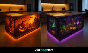 Collection of spooky Halloween kitchen islands including pumpkins, potions, and clown designs illuminated by LED lighting