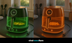 Collection of futuristic LED air fryers in multiple colours including orange, purple, pink, and green, displayed on a modern kitchen counter.