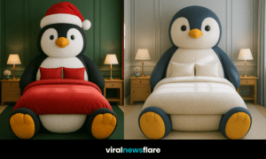 Collection of oversized penguin-shaped beds in different colours and settings showcasing luxury and playfulness