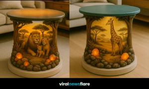 A collection of safari-inspired coffee tables featuring lions, giraffes, zebras, and elephants with glowing landscape designs.