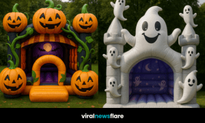 A collection of Halloween bouncy castles including clown, pumpkin, gothic castle, and ghost designs.