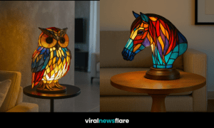 Collection of animal and fantasy stained glass lamps including lion, dragon, owl, and turtle designs in a cosy modern home setting.