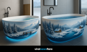 A collection of winter-themed luxury bathtubs featuring snowy forests, mountains, and wildlife, illuminated with soft blue LED lighting in a modern bathroom setting.