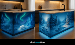A collection of luxury kitchen islands featuring winter-themed landscapes, Arctic animals, and glowing LED accents.